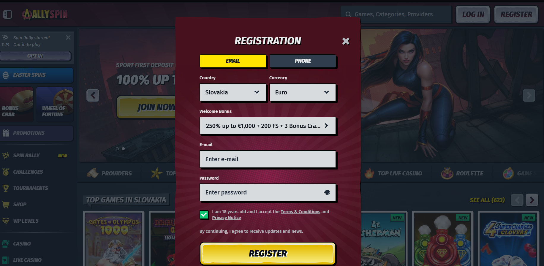 Casino registration modal for AllySpin with email sign-up form, country and currency selection, welcome bonus details, password field, terms acceptance checkbox, and a yellow “Register” button.