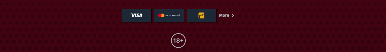 Footer with Visa, Mastercard, and PaysafeCard payment icons, a “More” link, and an 18+ age restriction badge on a red dotted background.