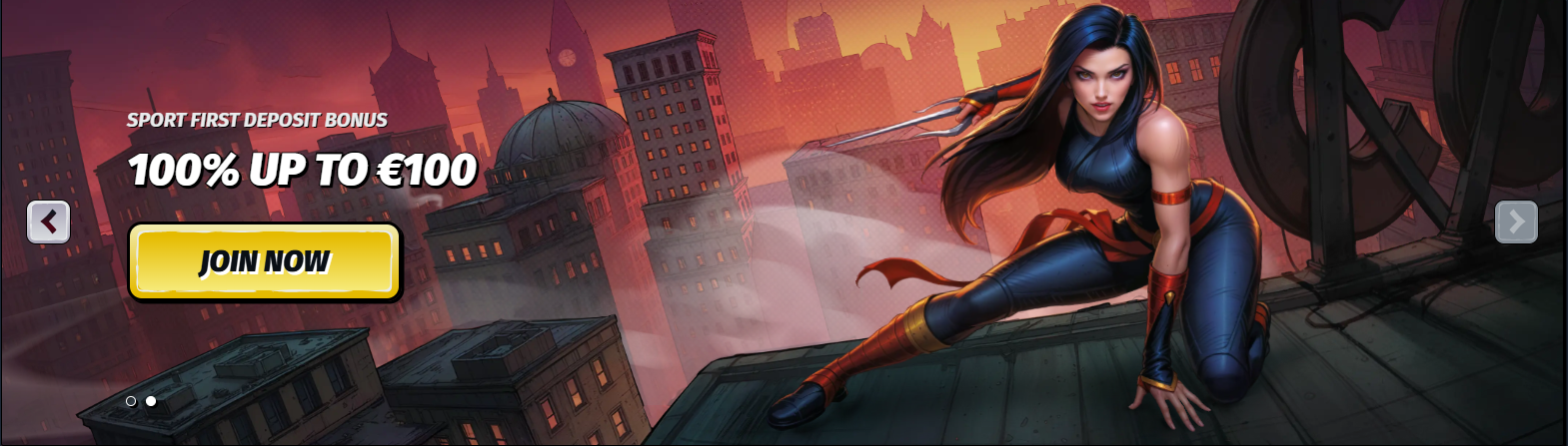 Sports first deposit bonus banner offering 100% up to €100, featuring a female action character on a rooftop with a “Join Now” button.